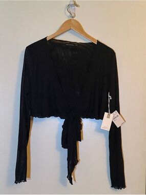 NWT Good American Black Tie-Front Long-Sleeve Sheer Crop Coverup